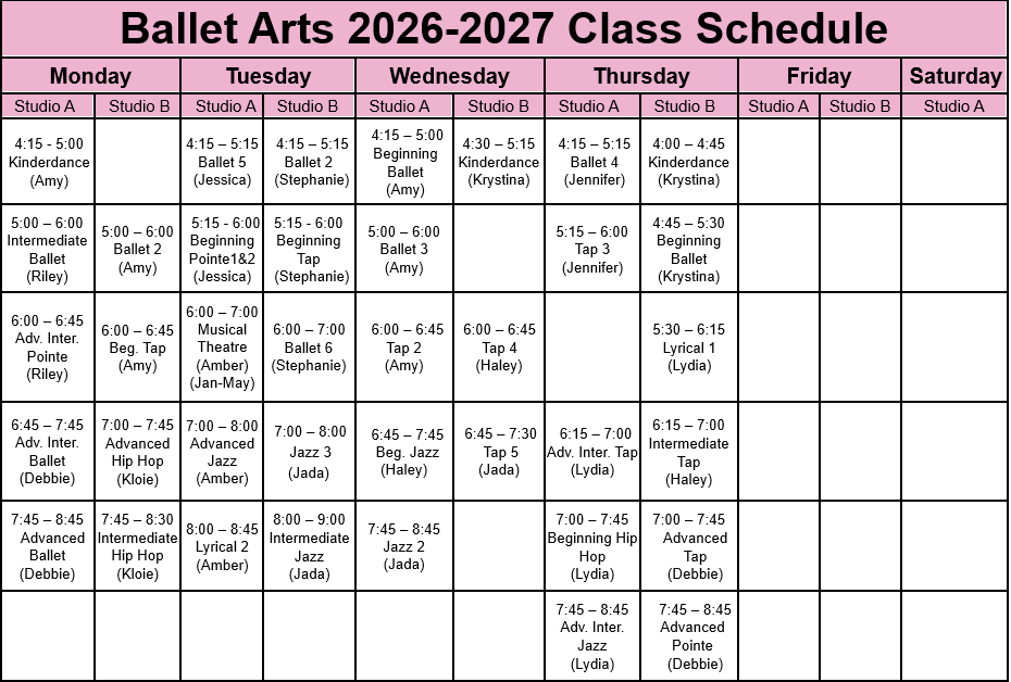2026-2027 Class Schedule